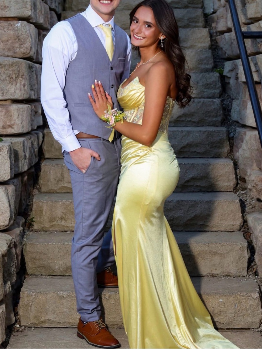 Satin Yellow Prom Gown with Beaded Bodice